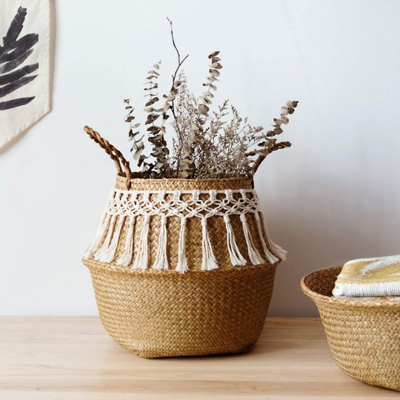 Rattan basket decorated with cotton thread - 2