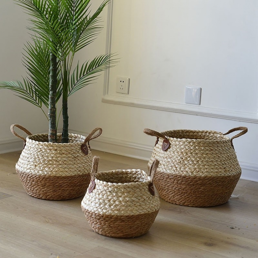 Petit Panier de Rangement Bohème, Cache-pot en Jonc de Mer Coquillages